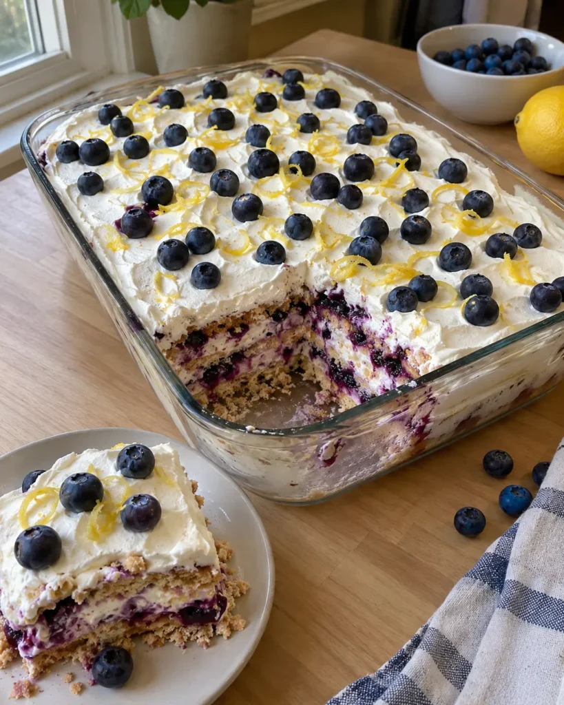 Blueberry lemon icebox cake in a glass baking dish topped with whipped cream and fresh blueberries with one slice removed Title: Blueberry Lemon Icebox Cake
