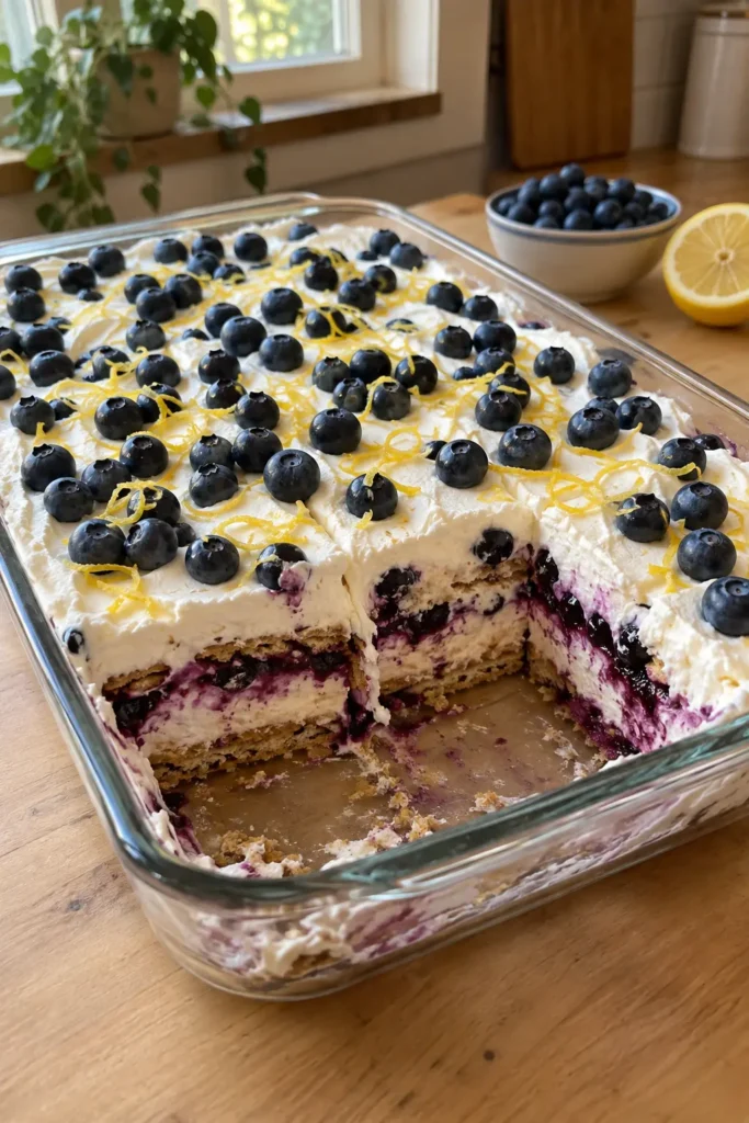 Blueberry lemon icebox cake topped with blueberries and lemon zest in a glass dish with slices removed