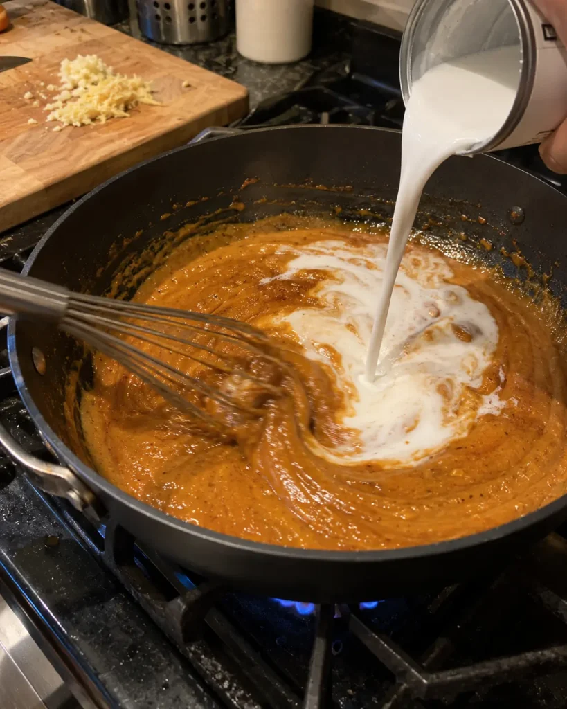Whisking miso and peanut butter paste in a skillet for miso peanut ramen bowls broth