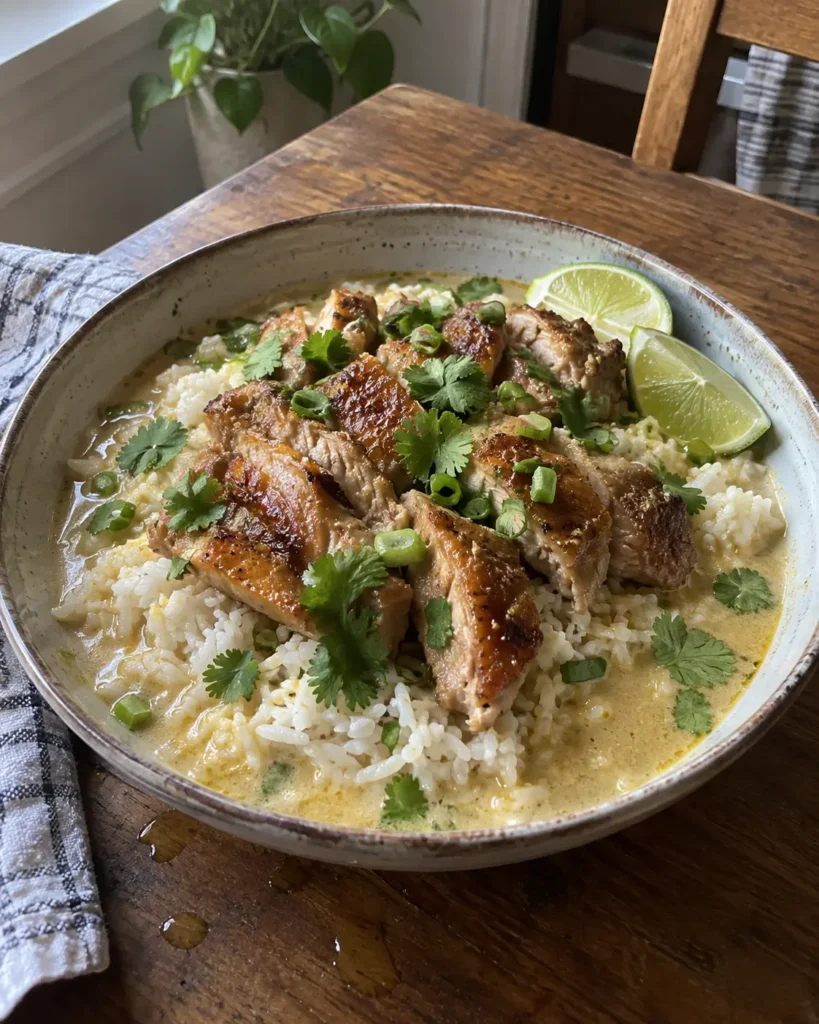 Coconut Chicken Brothy Rice served in a deep bowl with lime wedges and fresh cilantro