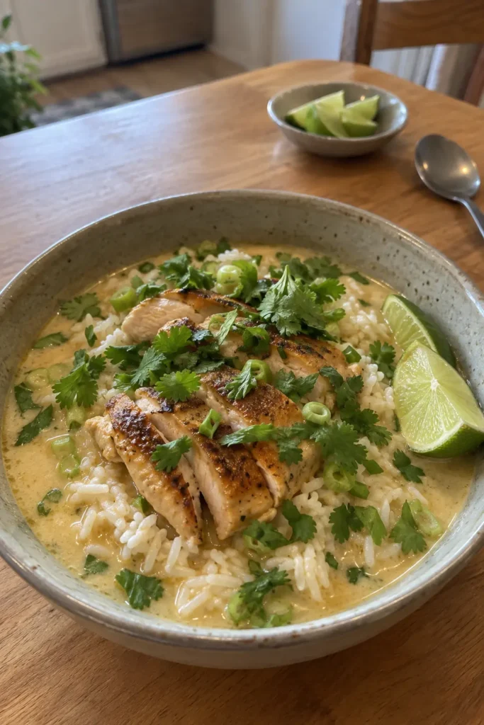 Tall vertical photo of coconut chicken brothy rice bowl with lime and cilantro garnish