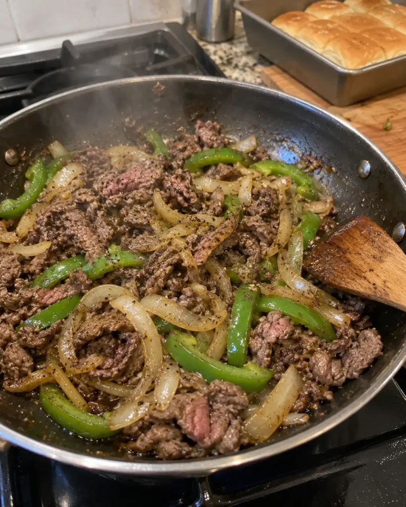 Cooking shaved ribeye with peppers and onions in a skillet for cheesesteak slider buns