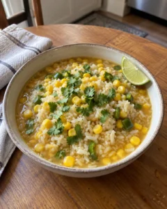 Corn and jalapeño brothy rice served in a rustic bowl with fresh cilantro and lime