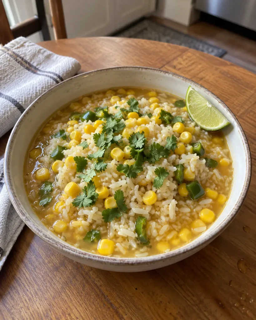 Corn and jalapeño brothy rice served in a rustic bowl with fresh cilantro and lime
