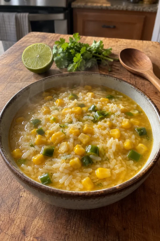 Tall photo of corn and jalapeño brothy rice bowl with lime and cilantro on a wooden board
