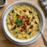 Overhead view of a bowl of creamy corn and zucchini chowder with a spoon