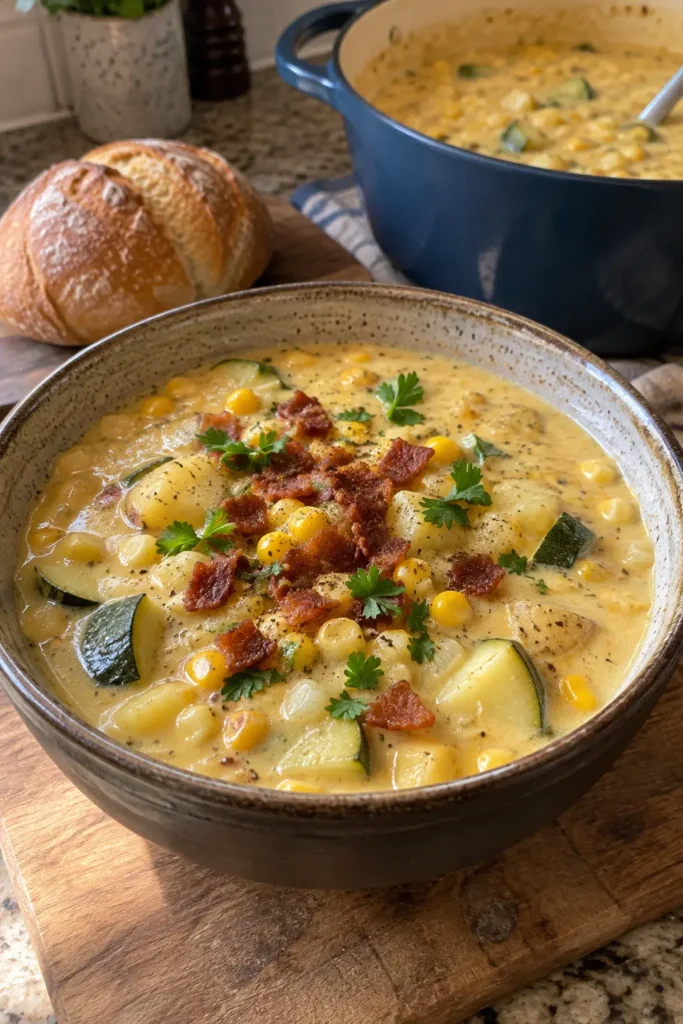 Tall vertical photo of corn and zucchini chowder in a stoneware bowl with bread on the side