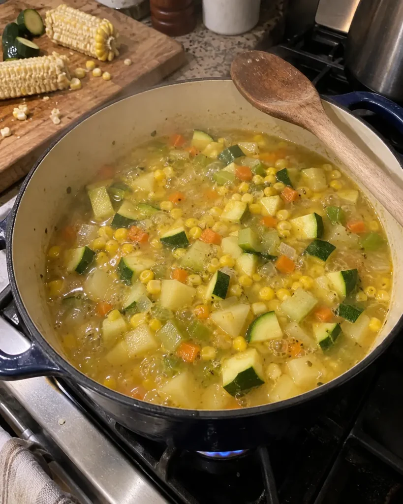 Adding diced zucchini and corn kernels to a pot of simmering chowder base