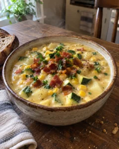 Corn and zucchini chowder served in a rustic bowl topped with bacon and fresh parsley