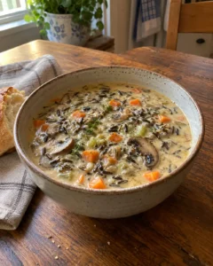 Cozy autumn wild rice soup served in a ceramic bowl with fresh thyme garnish