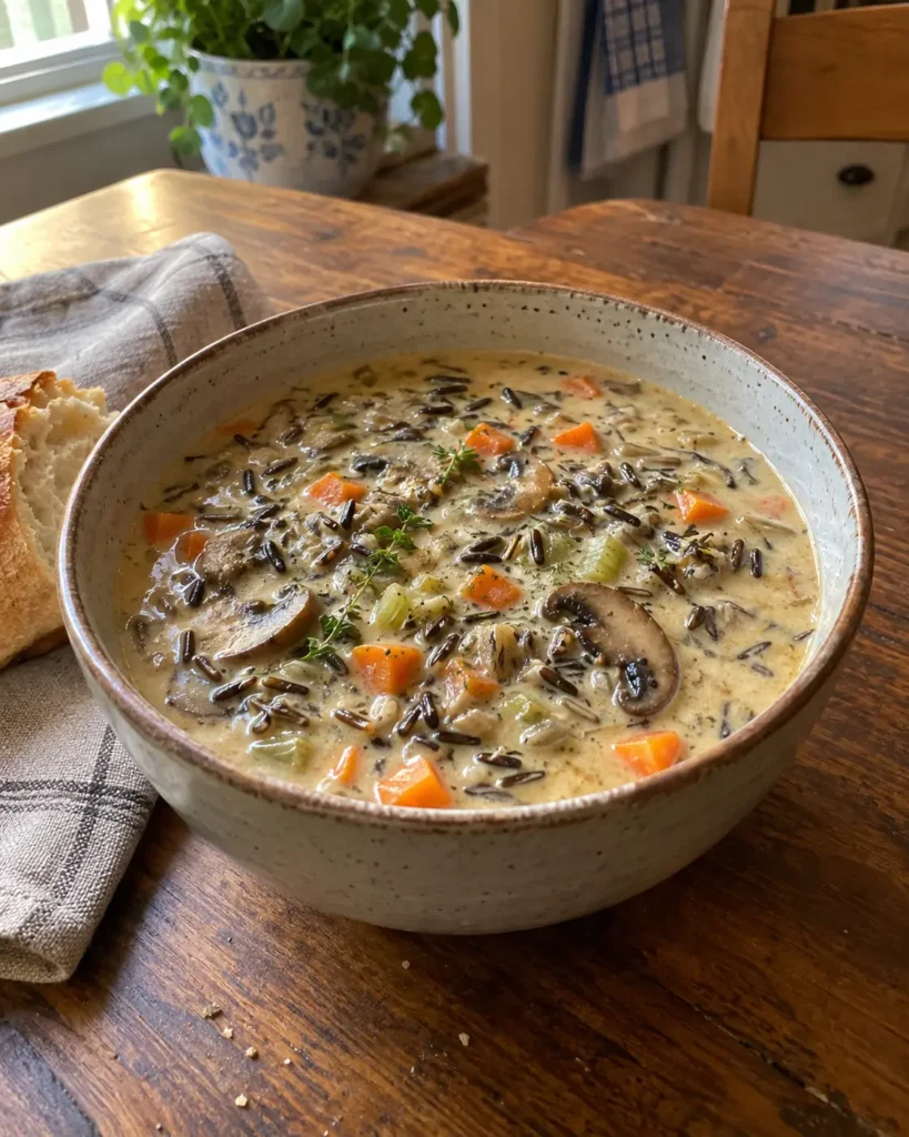 Cozy autumn wild rice soup served in a ceramic bowl with fresh thyme garnish