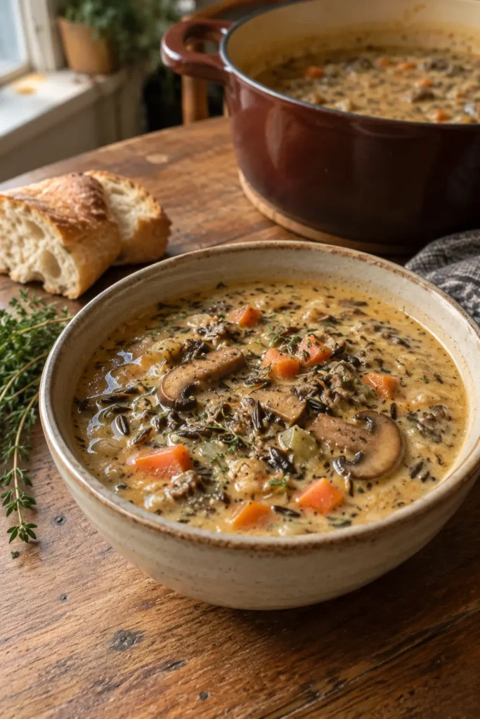 Cozy autumn wild rice soup in a stoneware bowl with sourdough bread on a rustic table