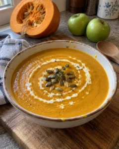 Creamy roasted apple pumpkin soup served in a ceramic bowl with a cream swirl and toasted pepitas