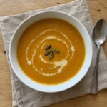 Overhead view of creamy roasted apple pumpkin soup in a white bowl with cream drizzle
