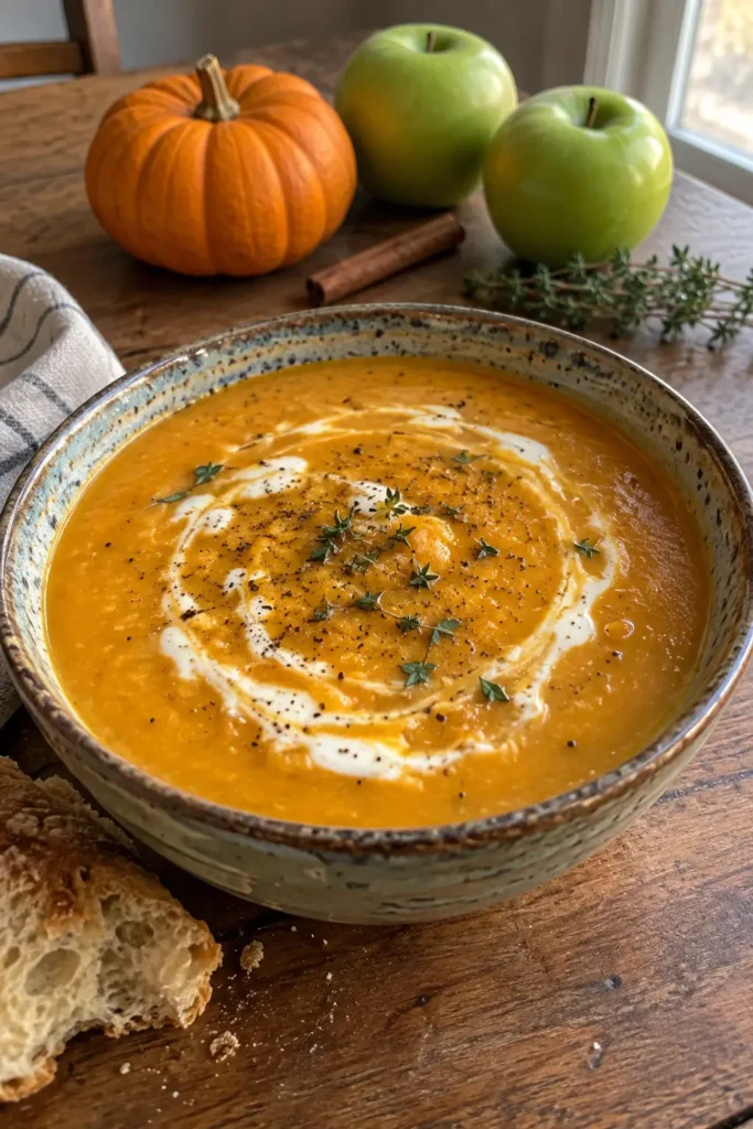 Creamy roasted apple pumpkin soup with autumn ingredients in a cozy kitchen setting