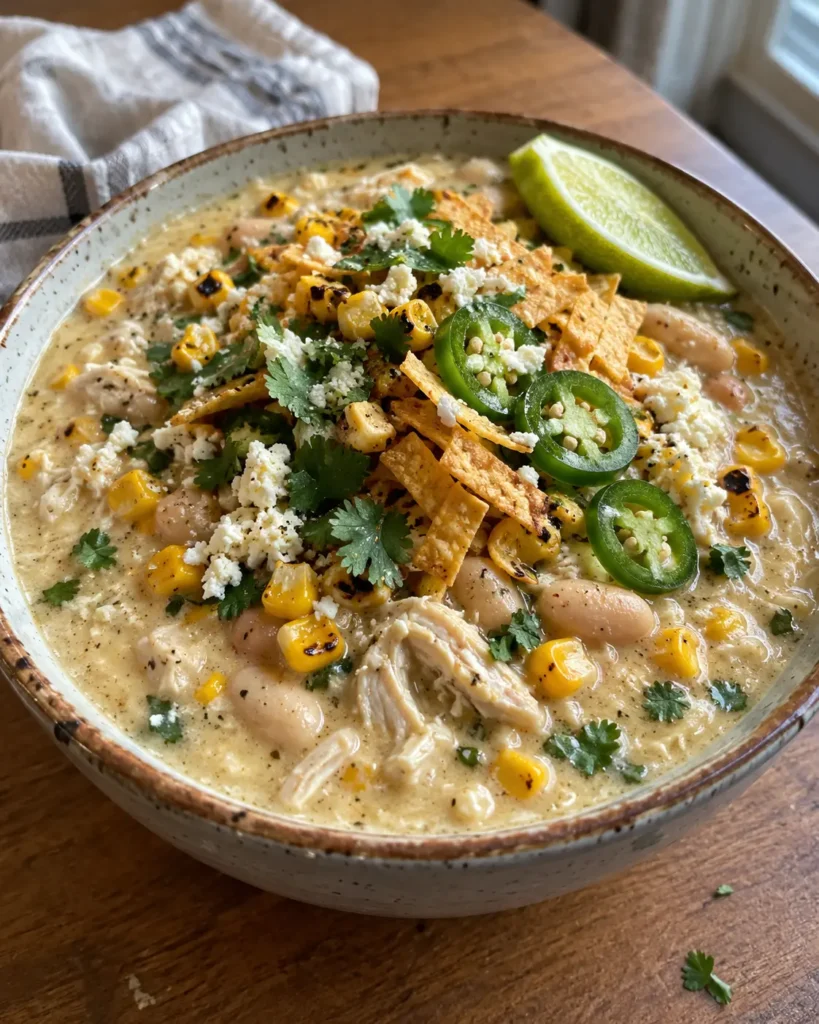 Street Corn White Chicken Chili topped with Cotija cheese, cilantro, tortilla strips, and charred corn