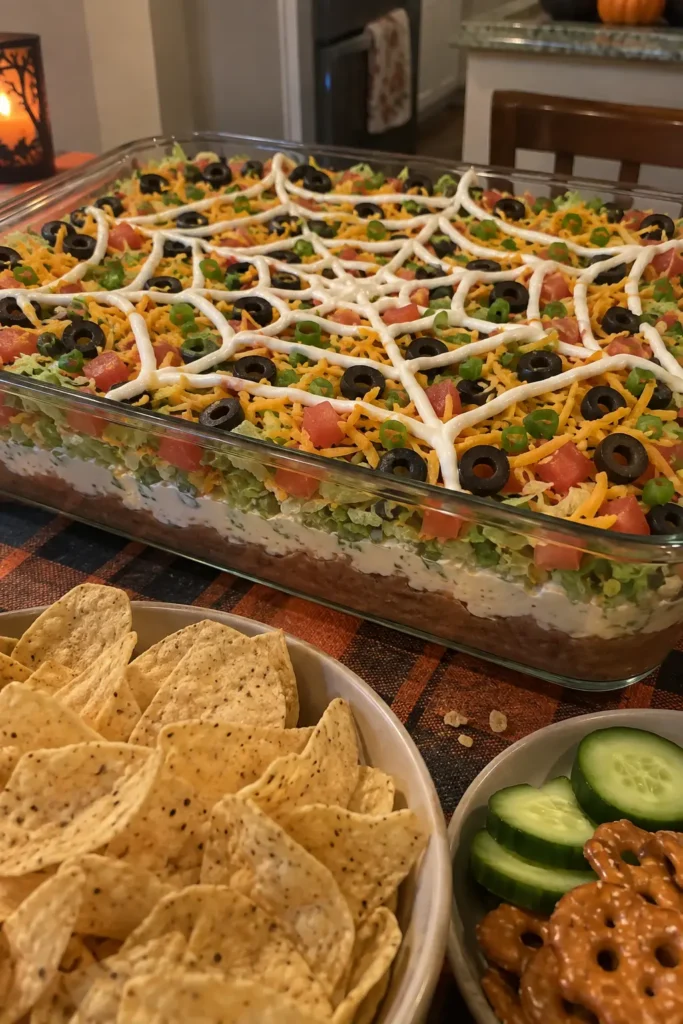 Easy Halloween potluck dishes on a party table with spiderweb taco dip, tortilla chips, and cucumber rounds
