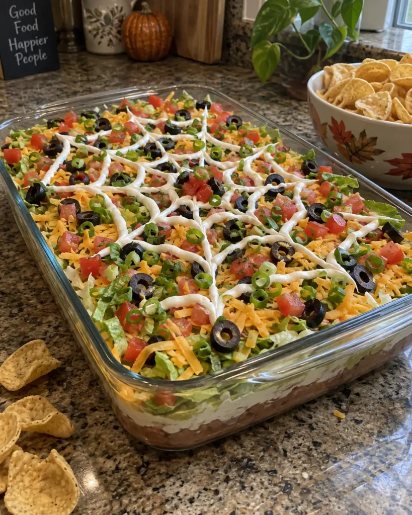 Easy Halloween potluck dishes featuring a spiderweb layered taco dip in a 9x13 dish with tortilla chips