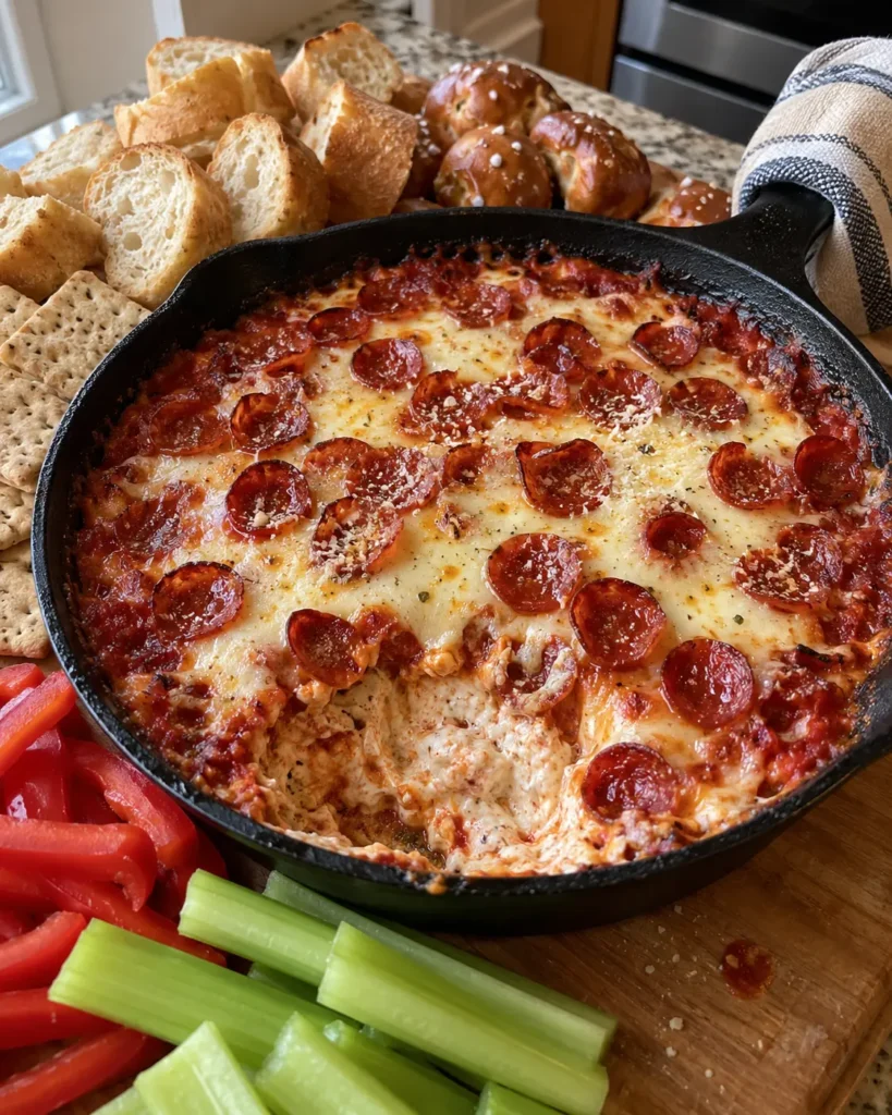 Skillet Pizza Dip topped with melted mozzarella and crisp pepperoni, served with bread and vegetables