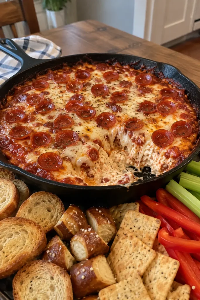 Easy Skillet Pizza Dip served warm with pretzel bites, crackers, toasted bread, and fresh vegetables