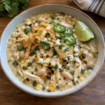 Close-up of Street Corn White Chicken Chili with shredded chicken, white beans, and golden corn