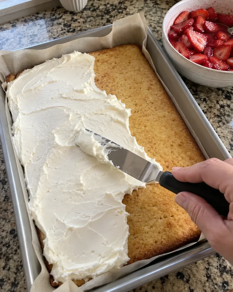 Spreading whipped cream-cheese frosting over a cooled vanilla cake base for strawberry shortcake bars