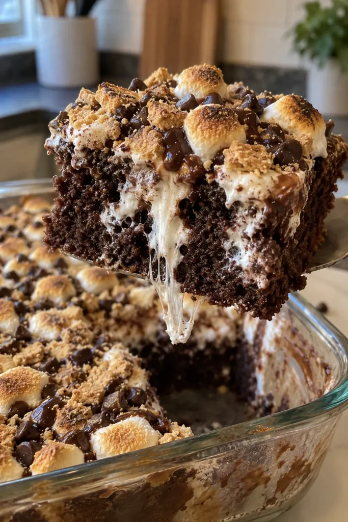 Gooey slice of s'mores poke cake being lifted from the baking dish with marshmallow filling stretching