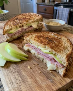 Ham brie and apple sandwiches cut in half on a wooden cutting board showing melted brie and apple slices