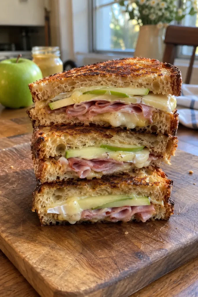 Stack of ham brie and apple sandwiches showing golden crust and melted cheese