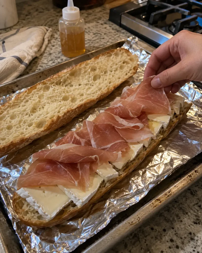 Assembling Prosciutto and Honey Brie Baguette with brie and prosciutto layered inside the open baguette
