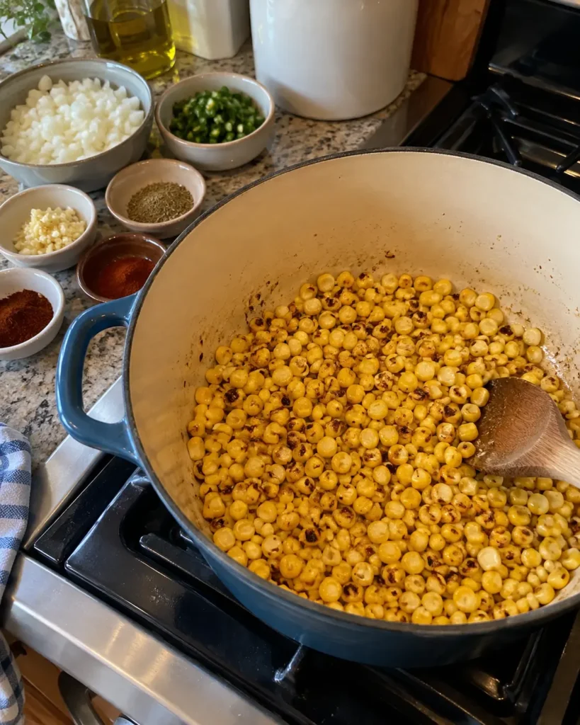 Corn browning in a Dutch oven for Street Corn White Chicken Chili