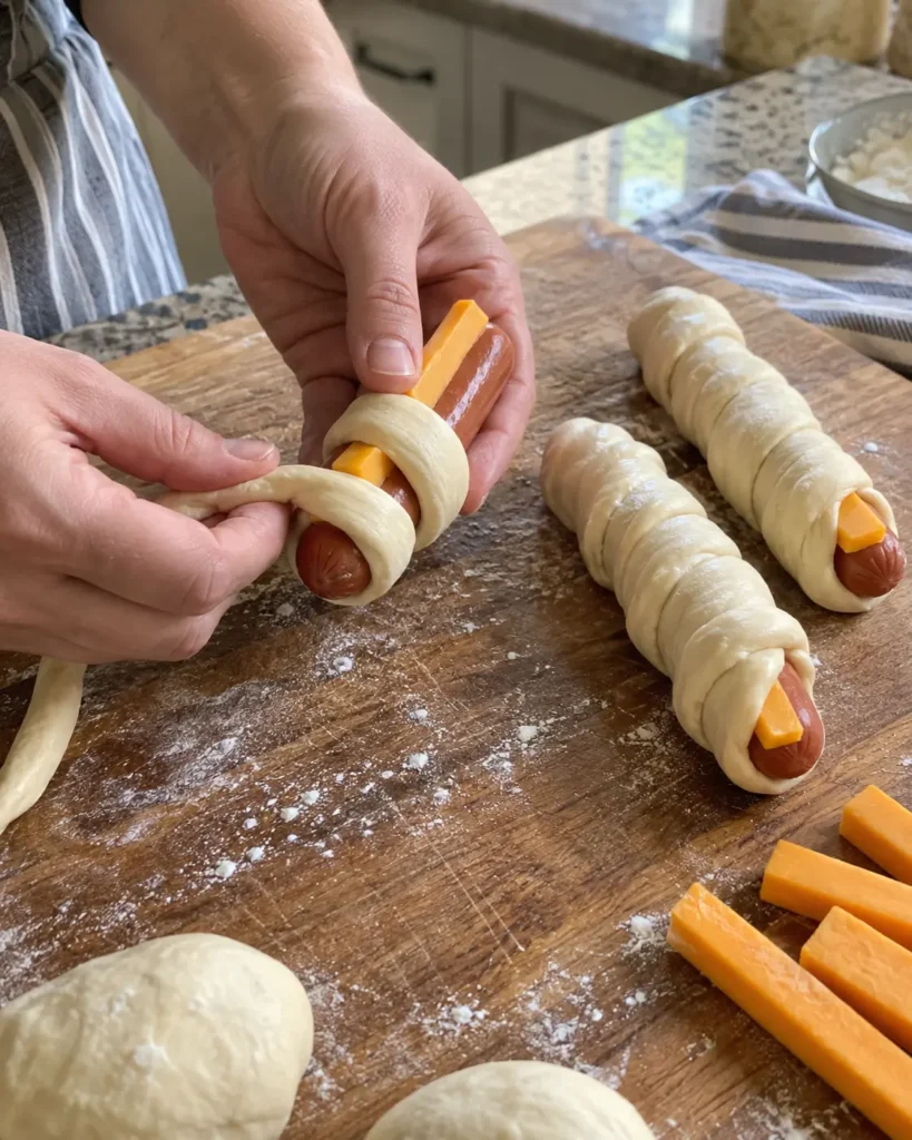 Wrapping pretzel dough around a hot dog and cheddar cheese stick to make cheesy pretzel dogs