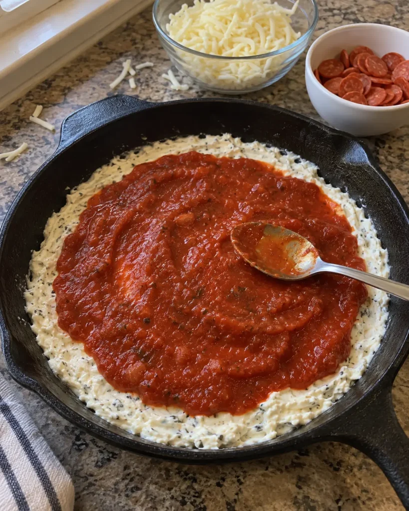 Thick pizza sauce being spread over the cream cheese base for Skillet Pizza Dip