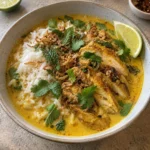 Overhead view of a lemongrass broth bowl with golden curry chicken and jasmine rice