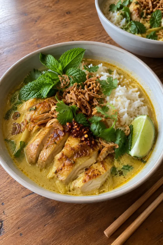 Lemongrass broth bowls with yellow curry chicken garnished with mint, cilantro, and crispy shallots