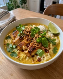 Lemongrass broth bowls with yellow curry chicken served in a deep white bowl with fresh herbs and lime