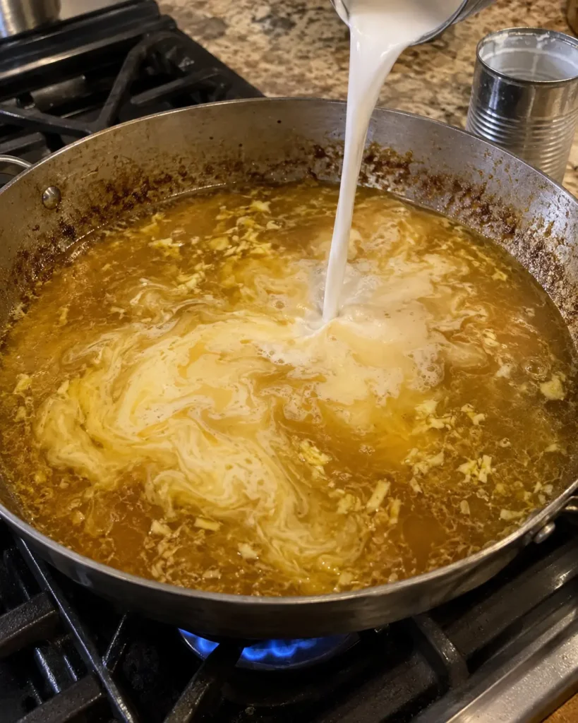 Pouring coconut milk into a skillet with curry-spiced chicken broth to make coconut chicken brothy rice