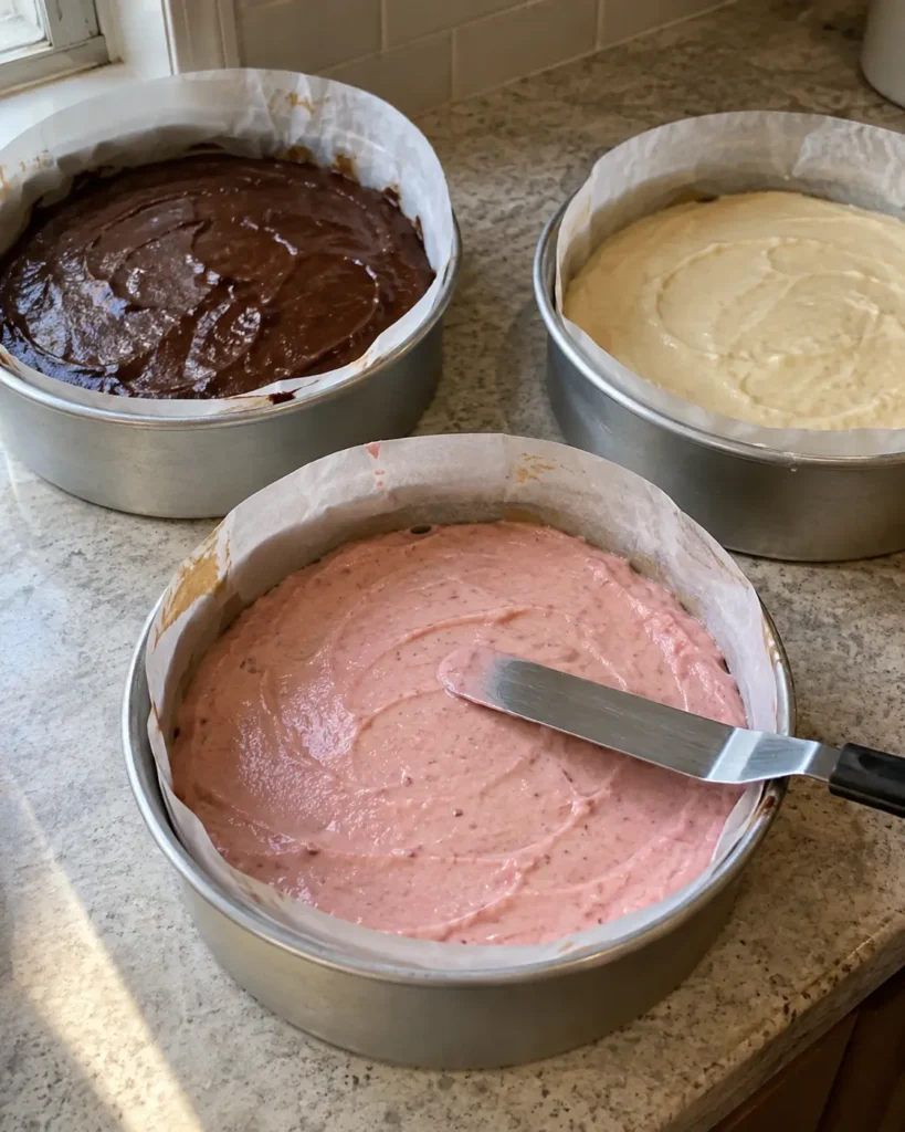 Pouring chocolate, strawberry, and vanilla cake batters into three separate pans for a Neapolitan rose cake.