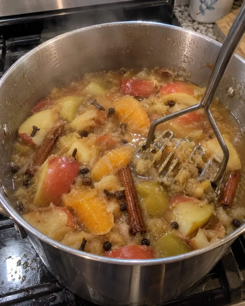 Mashing softened apples while making Homemade Apple Cider
