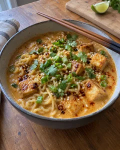 Miso peanut ramen bowls topped with crispy tofu, green onions, and sesame seeds in a ceramic bowl