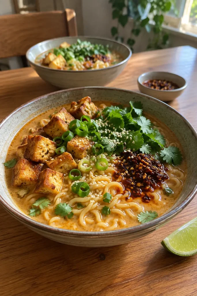 Tall vertical photo of miso peanut ramen bowls with a second bowl in the background