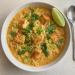 Overhead view of a bowl of miso peanut ramen bowls with noodles, tofu, and fresh toppings