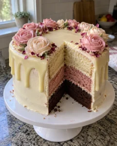Stunning Neapolitan rose cake with chocolate, strawberry, and vanilla layers, smooth buttercream frosting, and elegant buttercream roses.