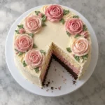 Overhead view of a Neapolitan rose cake with chocolate, strawberry, and vanilla layers and buttercream roses.