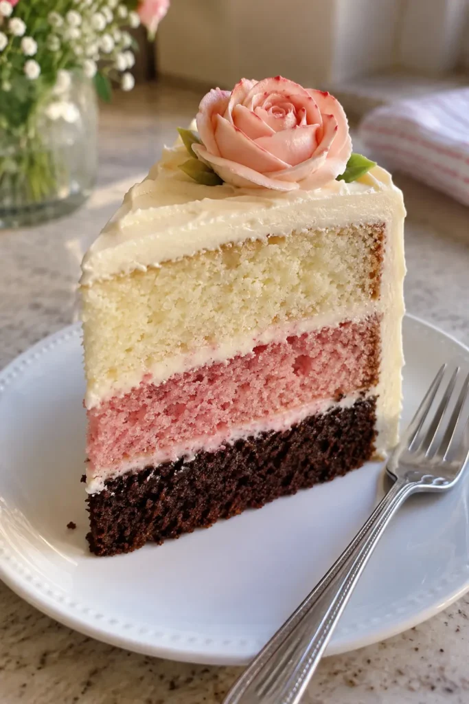 Slice of Neapolitan rose cake with chocolate, strawberry, and vanilla layers and a buttercream rose on top.