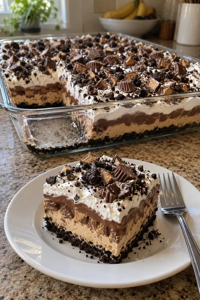No Bake Chocolate Peanut Butter Oreo Dessert with the full pan and a plated slice showing all layers