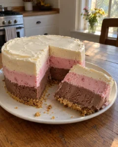 No-churn Neapolitan ice cream cake recipe served on a white platter with visible chocolate, strawberry, and vanilla layers
