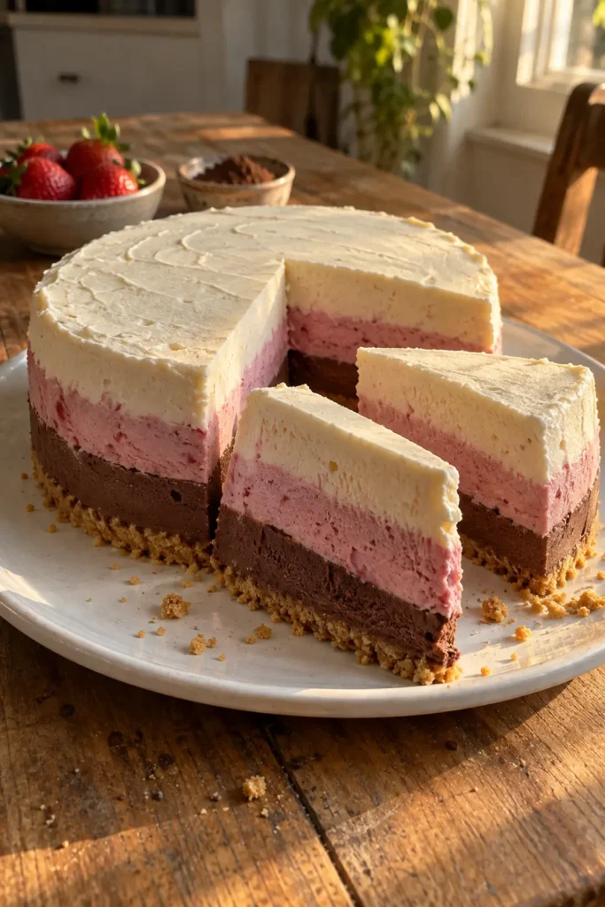 No-churn Neapolitan ice cream cake with chocolate, strawberry, and vanilla layers on a cookie crust