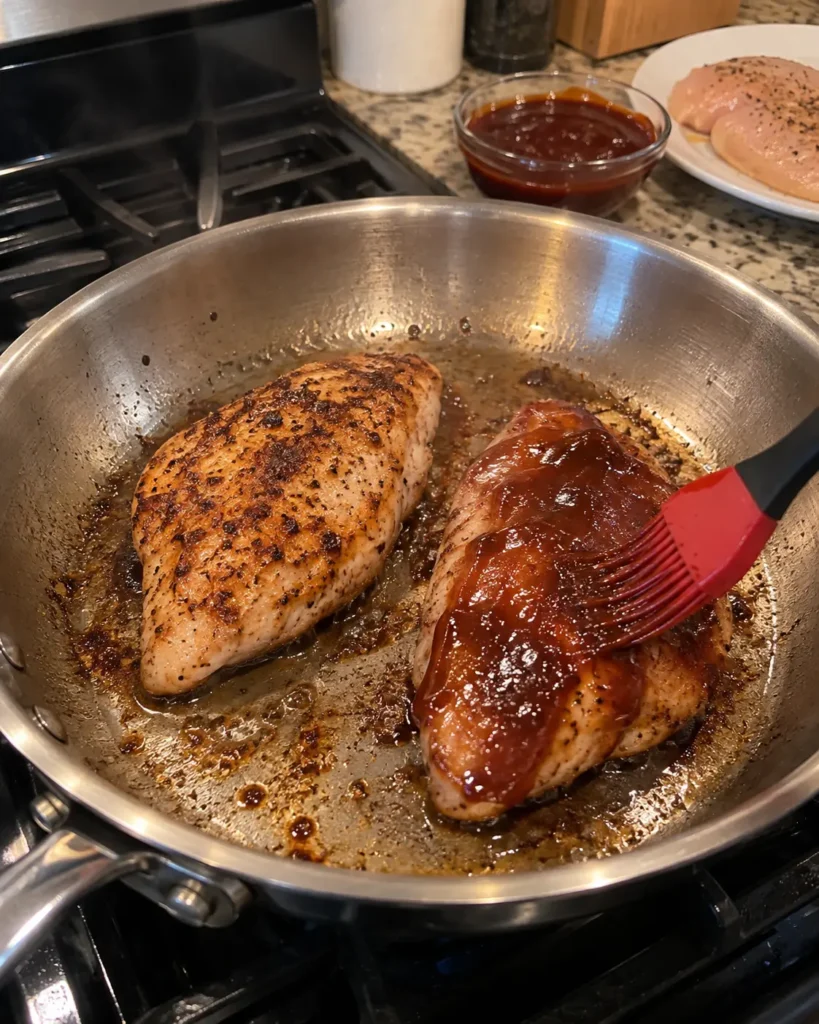 Pan-searing chicken breasts and brushing with BBQ sauce in a skillet for coleslaw wraps