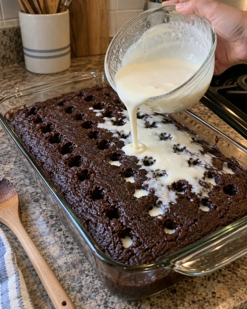 Pouring marshmallow and condensed milk filling over chocolate poke cake with holes